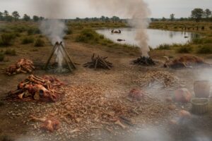 Umetnički prikaz kako bi izgledala neandertalska fabrika masti
