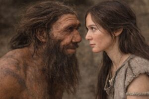 Ilustracija muškarca neandertalca i žene Homo sapiesn (AI generisana fotografija)